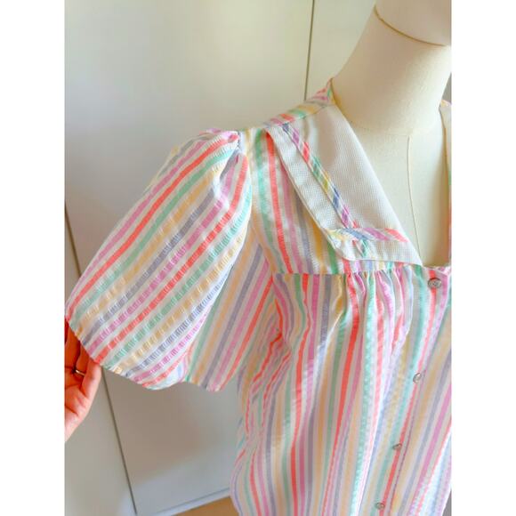 Vintage Womens Housedress Pastel Striped Size Large Collared Poolside Loungwear - Picture 4 of 8